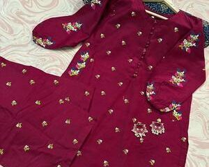 2 Pcs Women's Stitched Linen Embroidered Shirt And Trouser