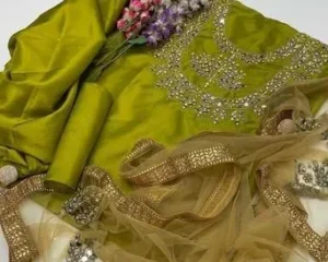 3 Pcs Women's Unstitched Sheesha Work Suit