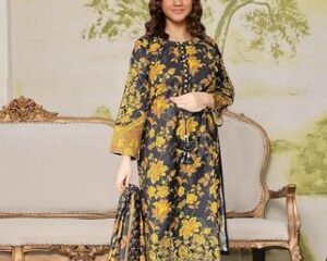 Stylish Girl's 3-Piece Printed Lawn Suit Set Yellow Black