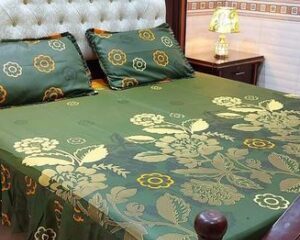 Double Bedsheet Green Floral 2 Side Frill Cotton
